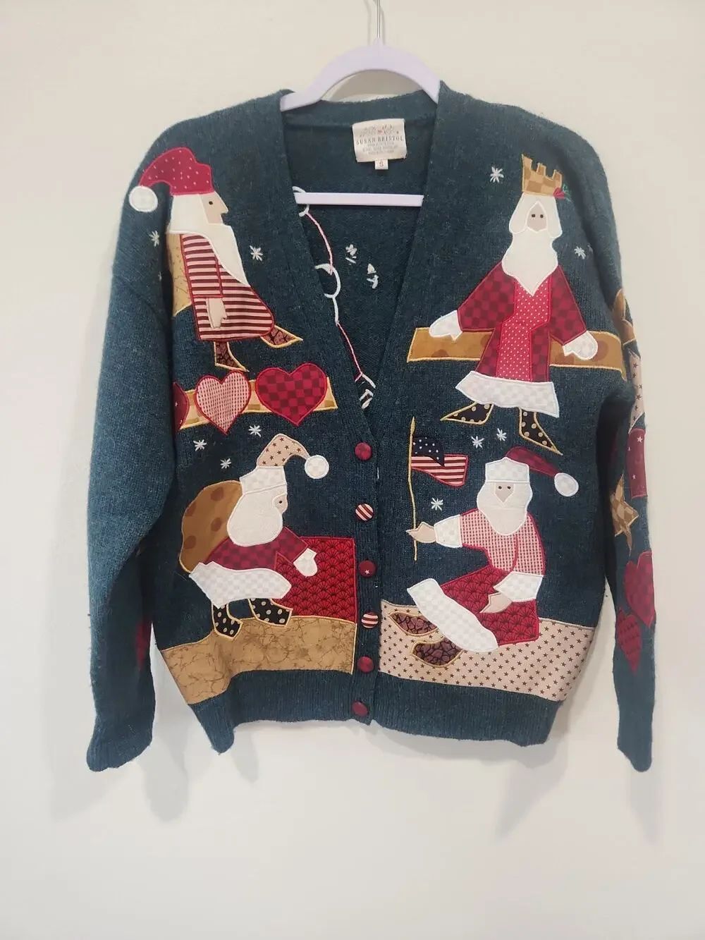 Folk ArtSusan Bristol Patchwork Embellished Christmas SweaterCardigan Small Wool